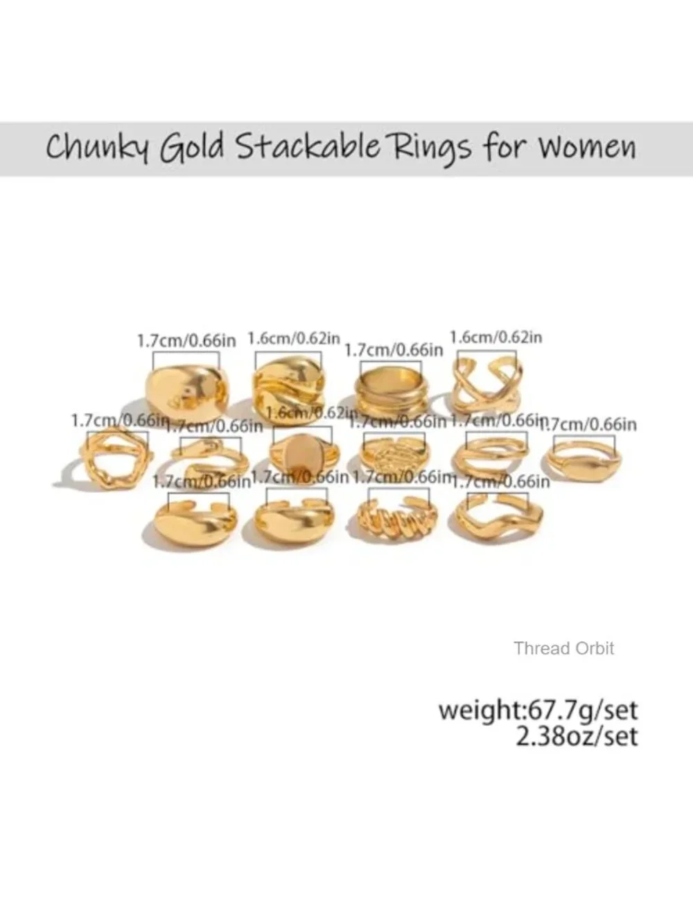 Chunky Gold Plated Stackable Rings Set for Women Dainty Adjustable Open